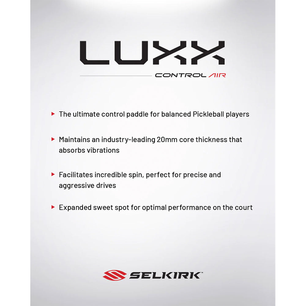 Selkirk Luxx Pickleball Paddle Promo Ad with specs and details on paddle