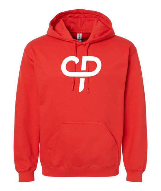 Red adult pickleball hoodie hooded sweater with white CP Parenteau logo on front