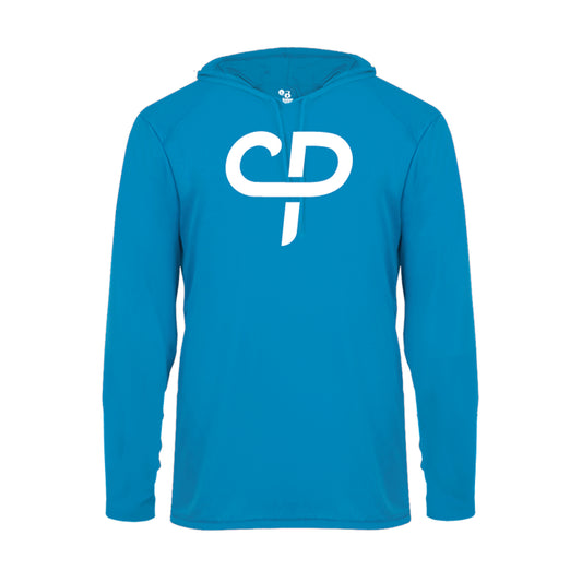 Light blue long sleeve hooded pickleball athletic shirt with white CP Parenteau logo on front