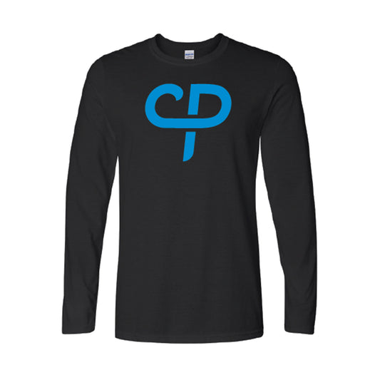 Black long sleeve pickleball athletic shirt with baby blue CP Parenteau logo on front