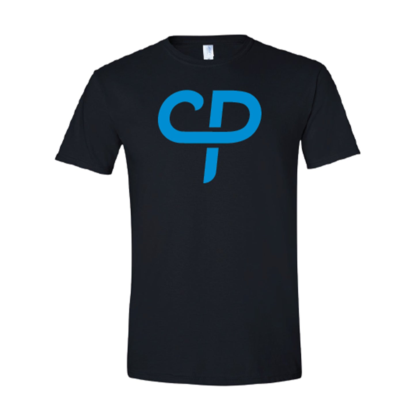 Black short sleeve pickleball athletic shirt with baby blue CP Parenteau logo on front
