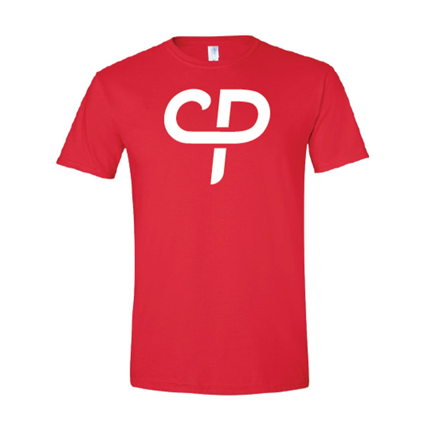 Red short sleeve pickleball athletic shirt with white CP Parenteau logo on front