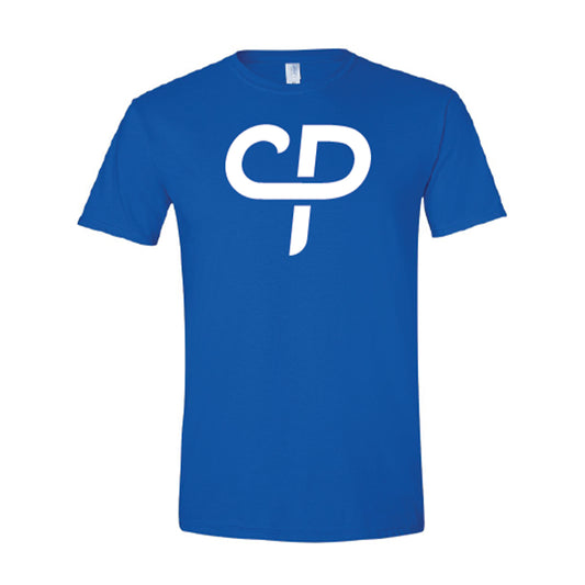 Royal blue short sleeve pickleball athletic shirt with white CP Parenteau logo on front