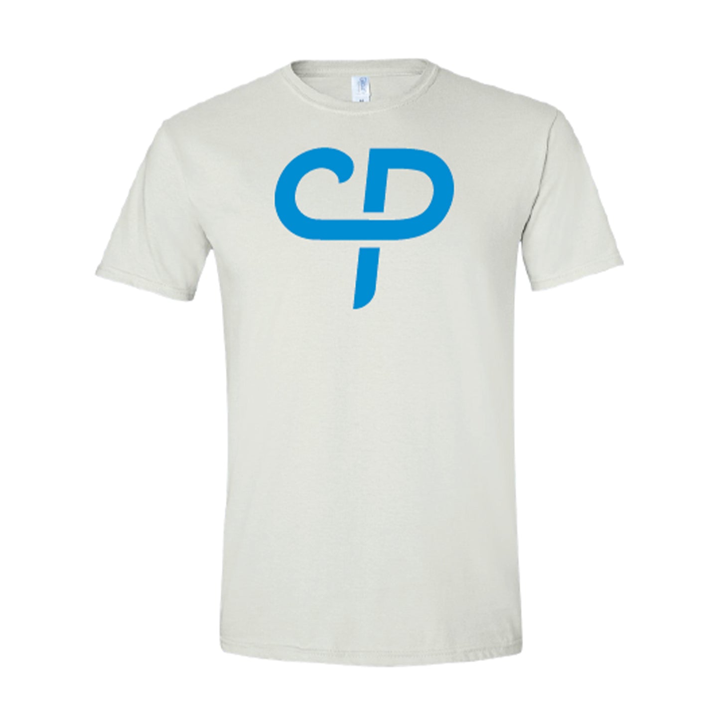 White short sleeve pickleball athletic shirt with baby blue CP Parenteau logo on front