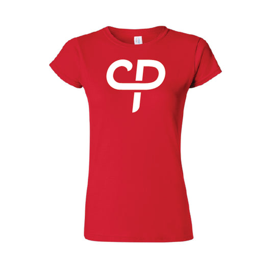 Red women's short sleeve pickleball athletic shirt with white CP Parenteau logo on front