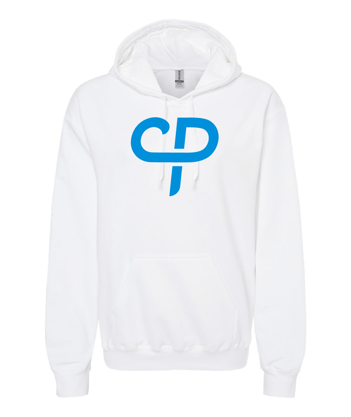 White adult pickleball hoodie hooded sweater with baby blue CP Parenteau logo on front