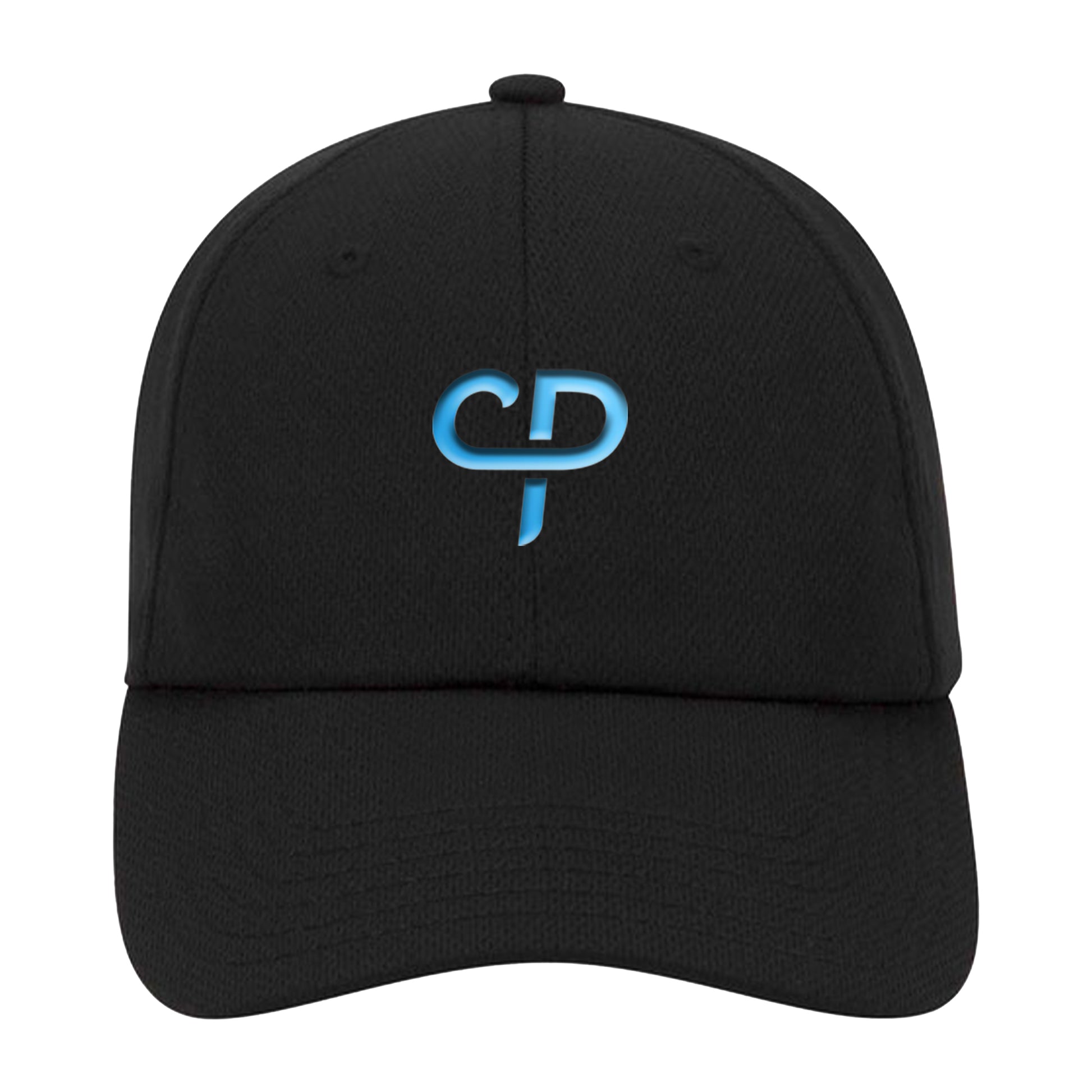 CP Parenteau 6 panel pickleball athletic performance hat in black front view blue logo
