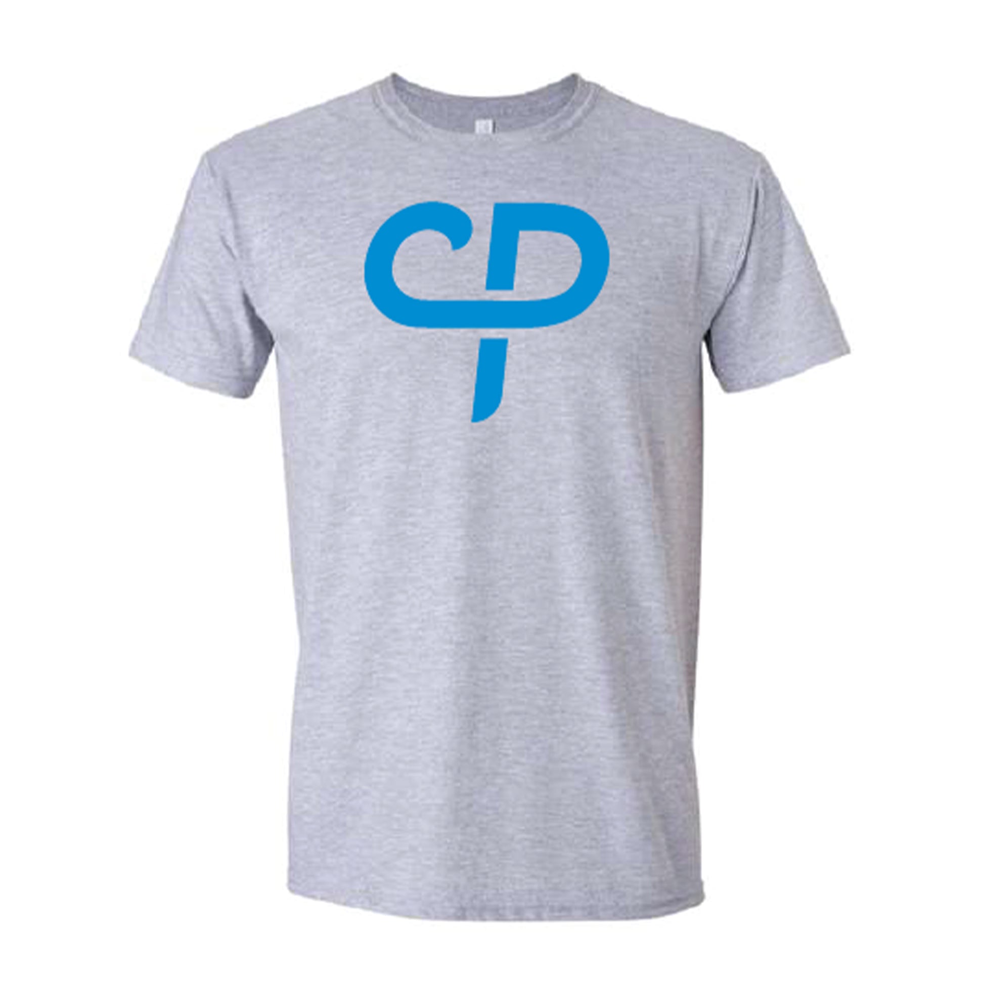 Heather gray short sleeve pickleball athletic shirt with baby blue CP Parenteau logo on front