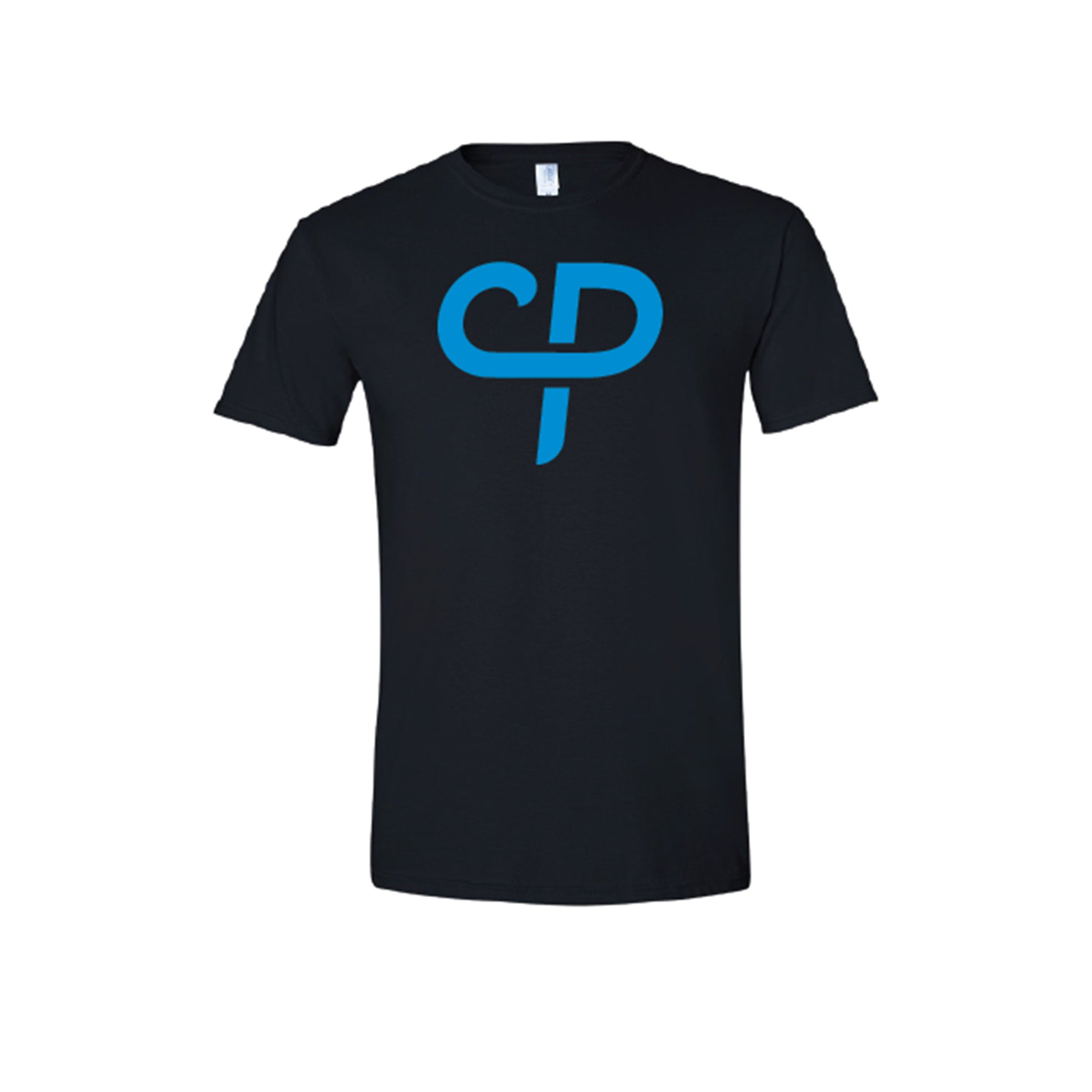 Black short sleeve youth child pickleball athletic shirt with baby blue CP Parenteau logo on front