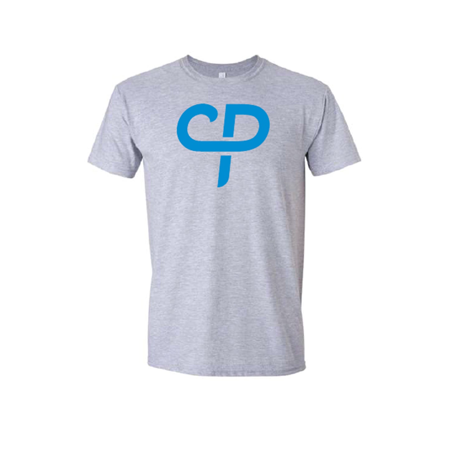 Heather gray short sleeve youth child pickleball athletic shirt with baby blue CP Parenteau logo on front