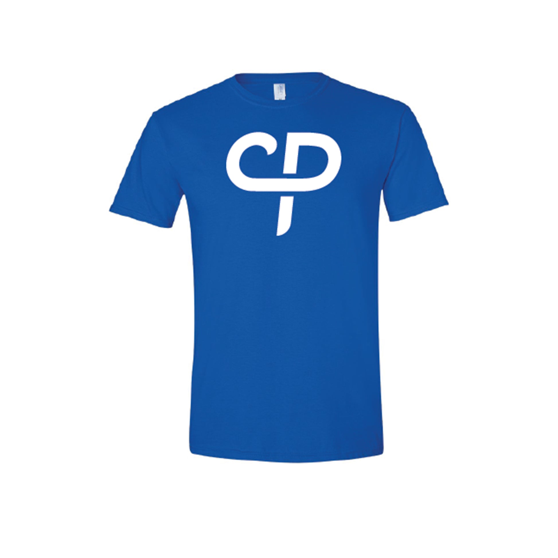 Royal blue short sleeve youth child pickleball athletic shirt with white CP Parenteau logo on front