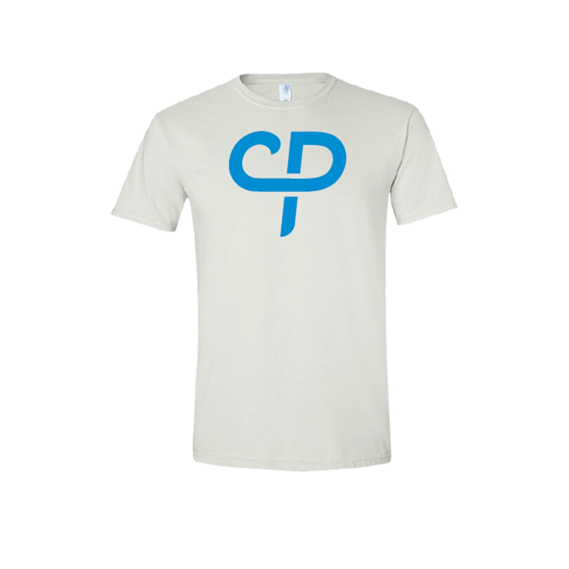 White short sleeve youth child pickleball athletic shirt with baby blue CP Parenteau logo on front