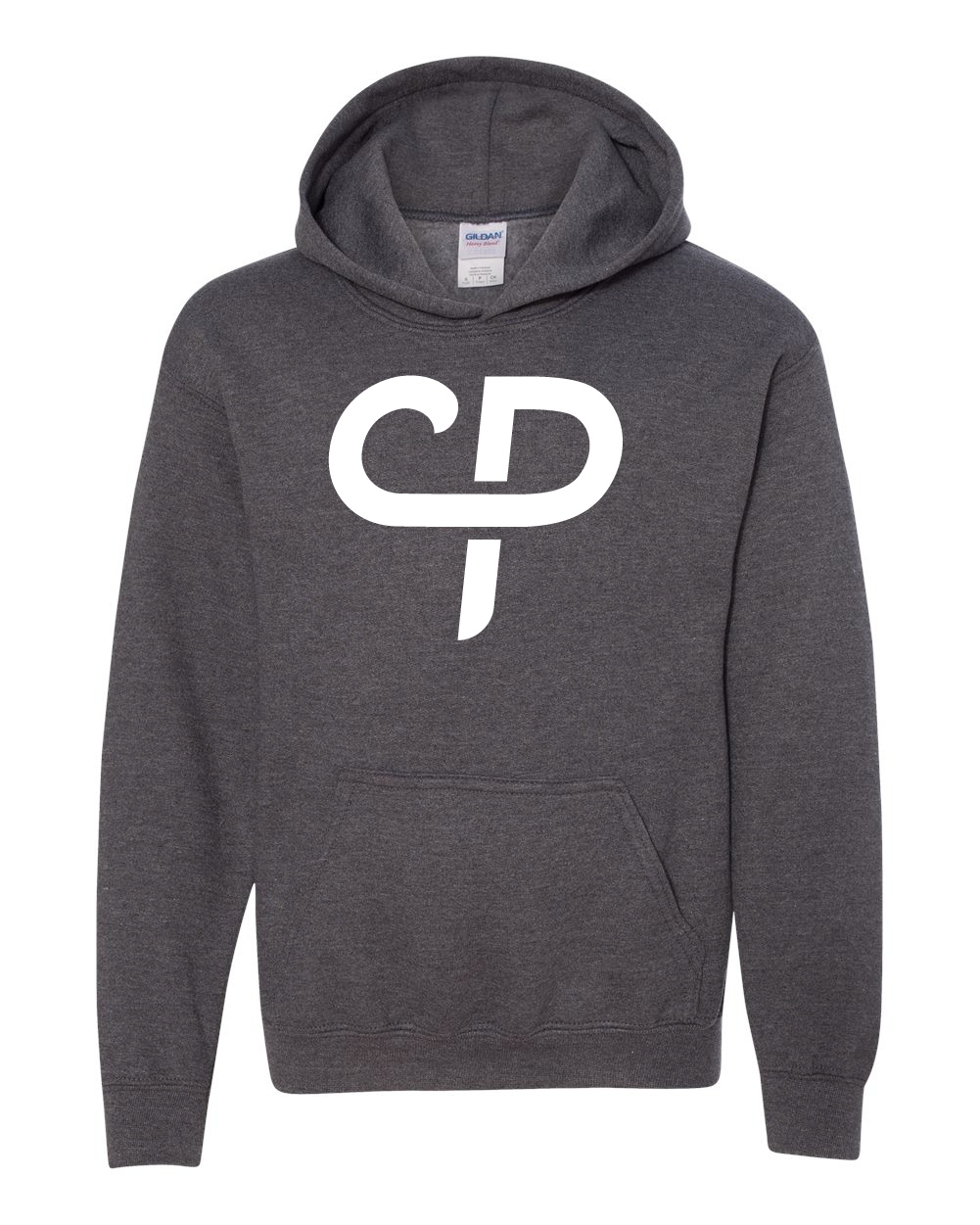 Dark heather gray youth child's pickleball hoodie hooded sweater with white CP Parenteau logo on front