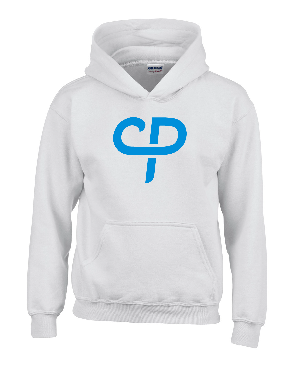 White youth child's pickleball hoodie hooded sweater with baby blue CP Parenteau logo on front