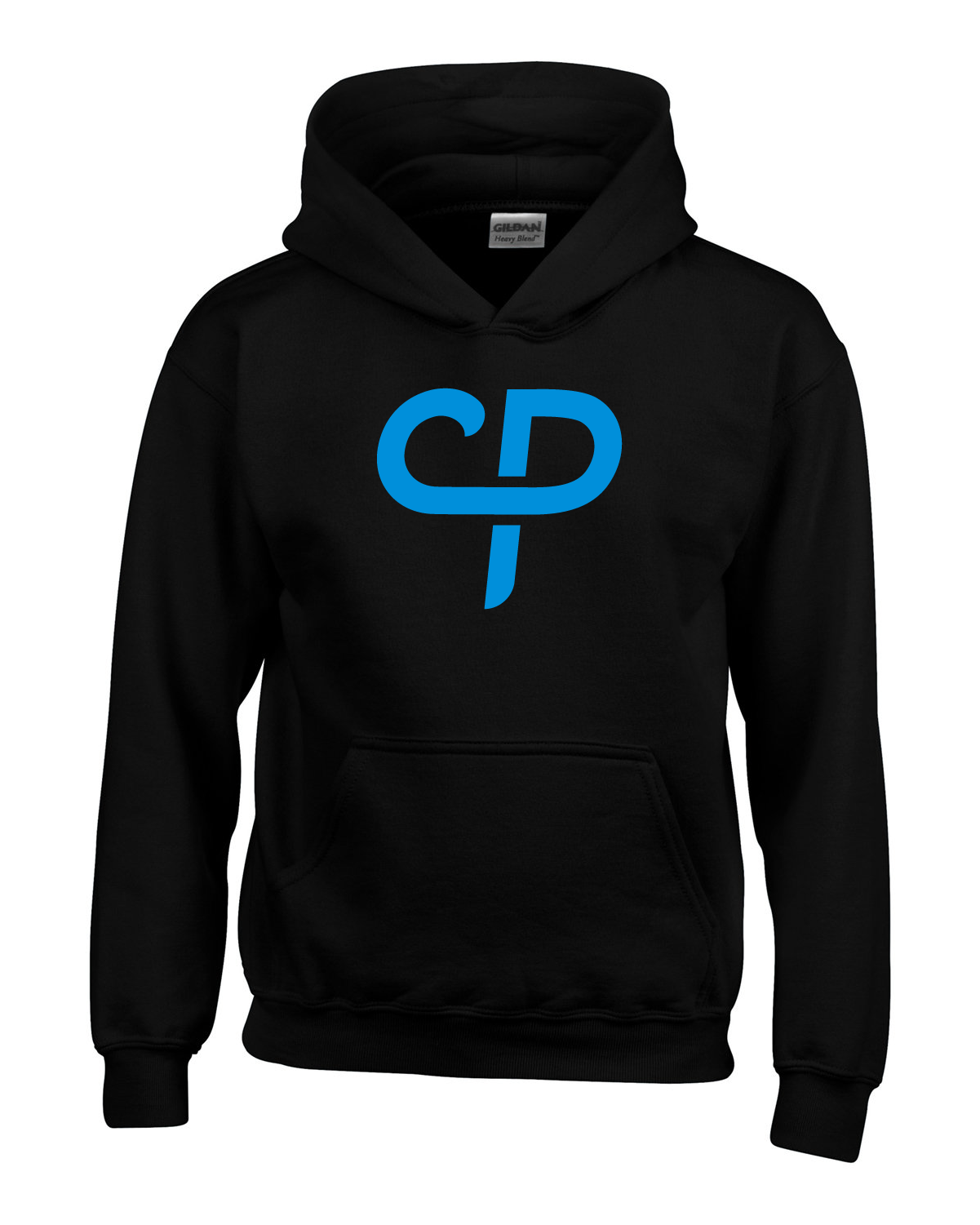 Black youth child's pickleball hoodie hooded sweater with baby blue CP Parenteau logo on front